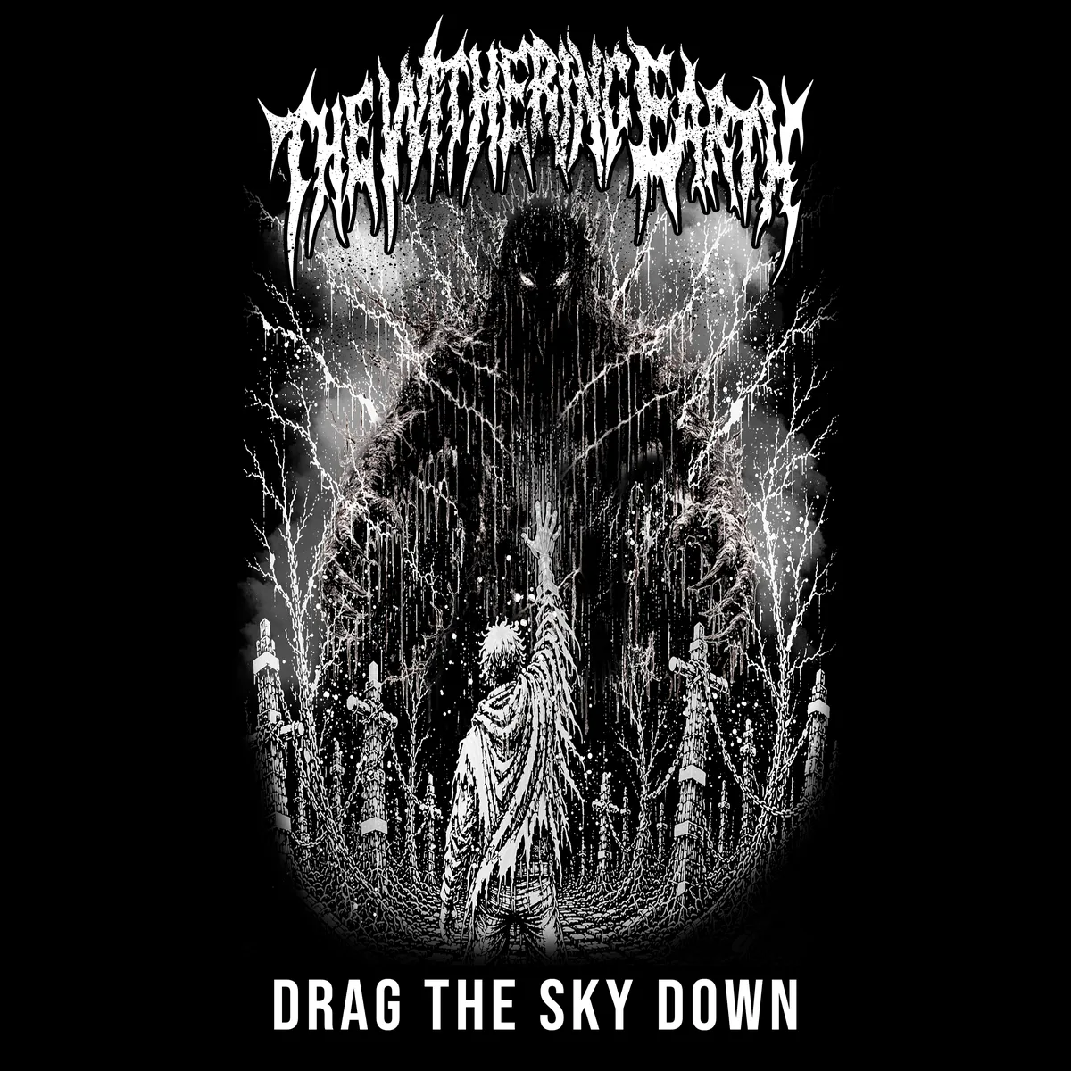 Cover of Drag The Sky Down: a figure reaches toward a towering dark giant between chained crosses.