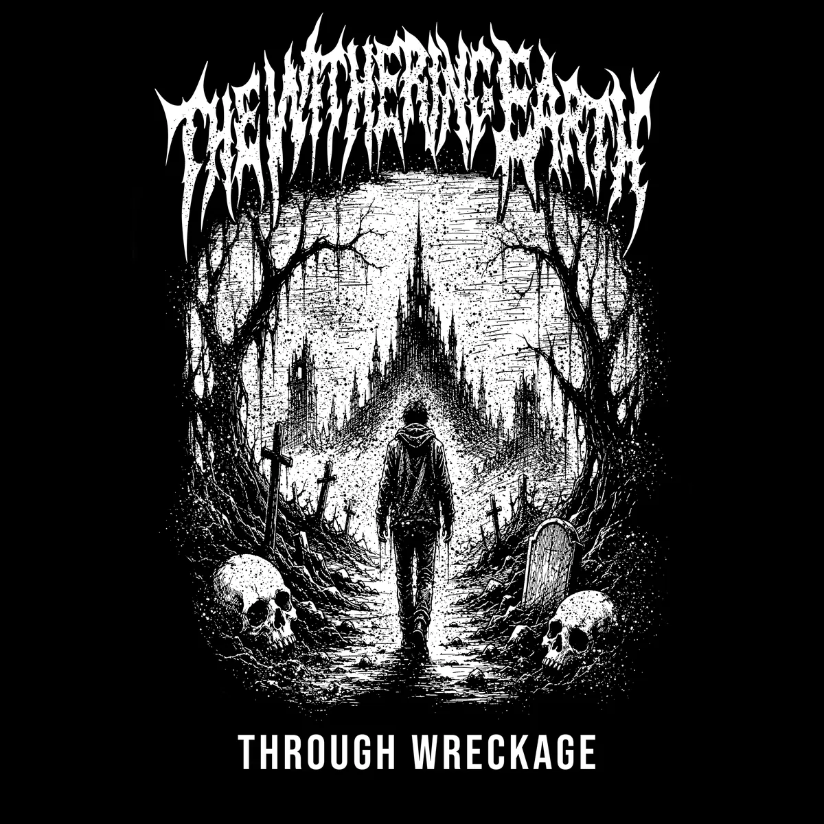 Cover of Through Wreckage: a figure walks a graveyard path toward a gothic cathedral.